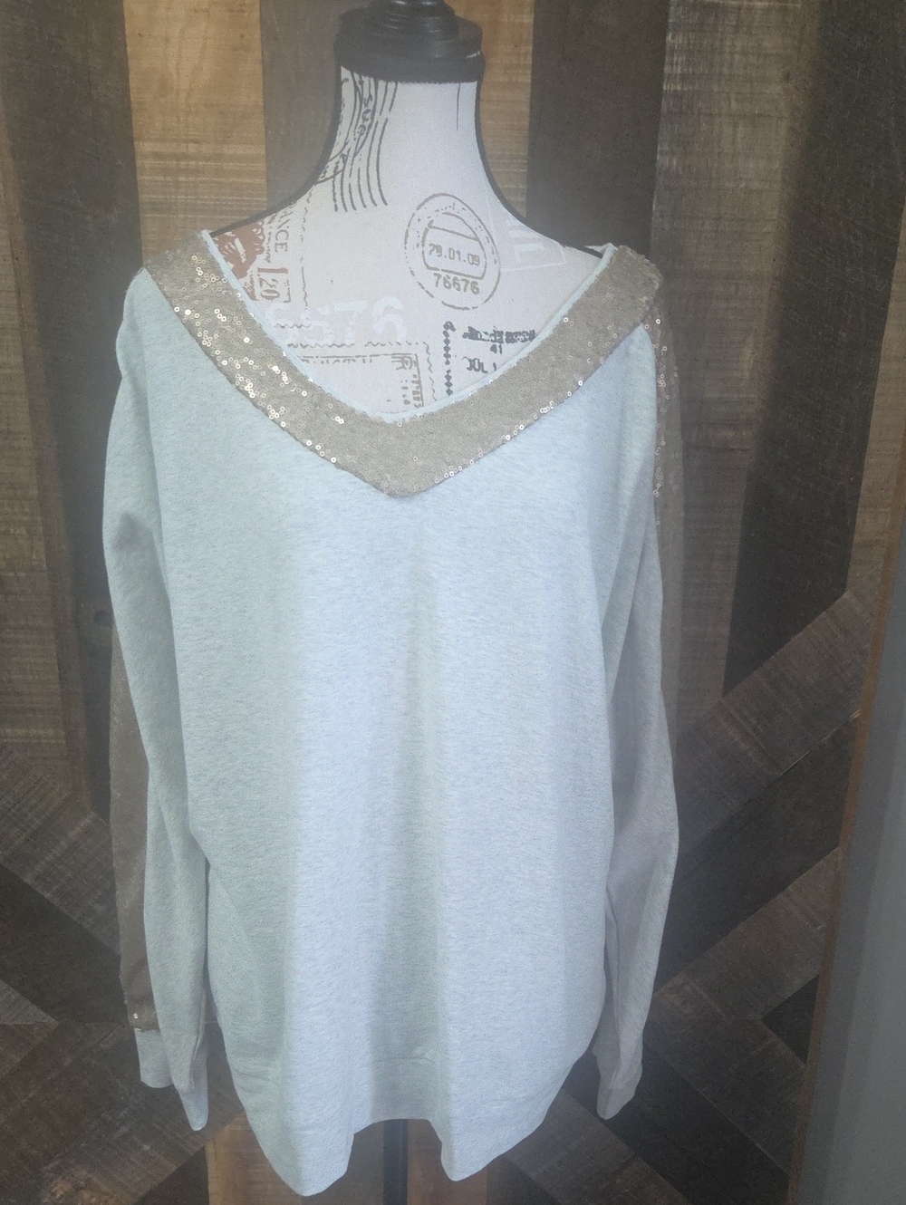 Sequin Trim V-Neck Women's Sweater - Light Gray